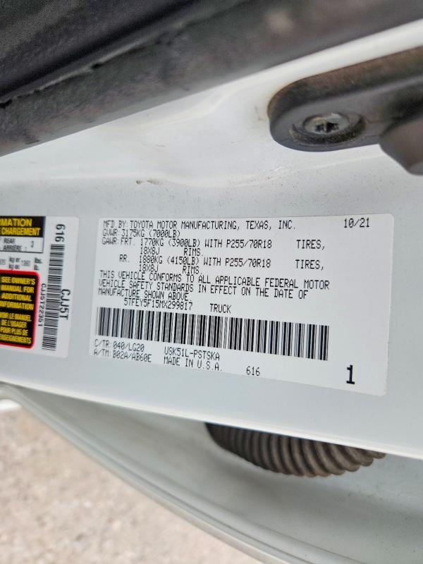 Продаж на аукціоні авто 2021 Toyota Tundra, vin: 5TFEY5F15MX299817, номер лоту: 66123996