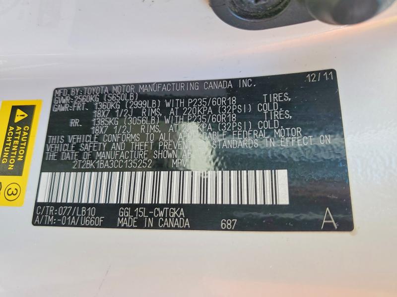 66940836 :رقم المزاد ، 2T2BK1BA3CC135252 vin ، 2012 Lexus Rx مزاد بيع