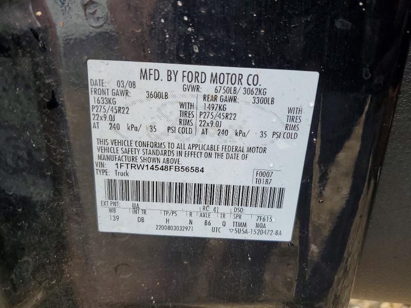 2008 Ford F150 მანქანა იყიდება აუქციონზე, vin: 1FTRW14548FB56584, აუქციონის ნომერი: 65367896