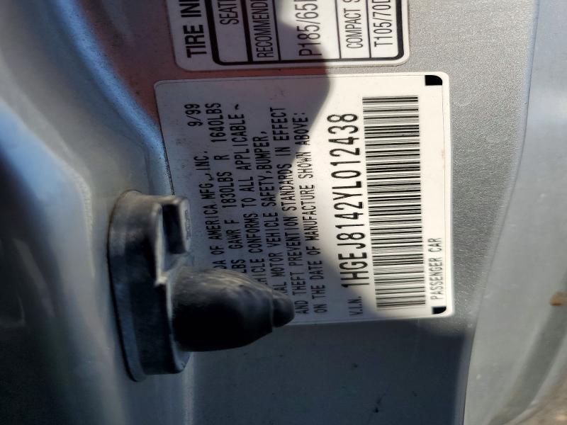 Продаж на аукціоні авто 2000 Honda Civic, vin: 1HGEJ8142YL012438, номер лоту: 63777406