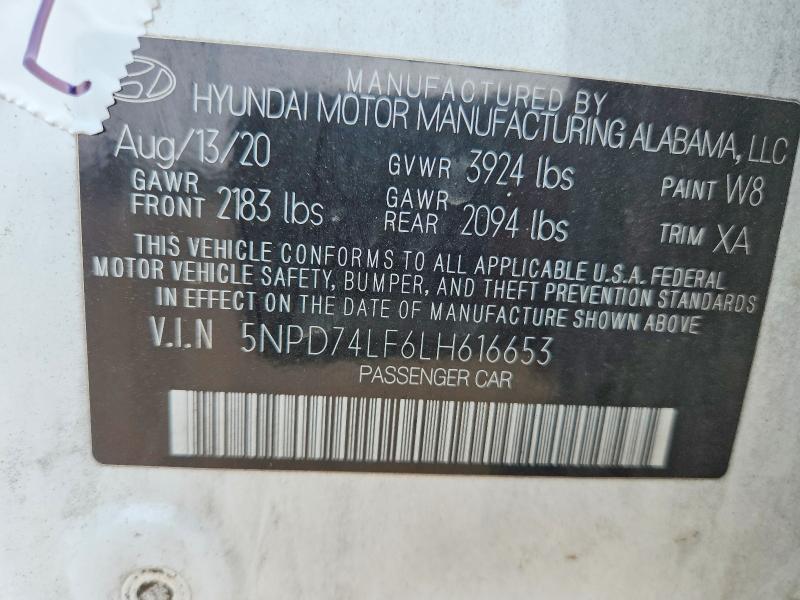 2020 Hyundai Elantra მანქანა იყიდება აუქციონზე, vin: 5NPD74LF6LH616653, აუქციონის ნომერი: 63832506
