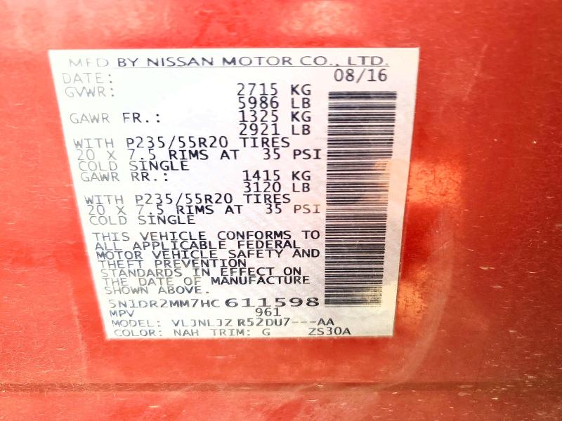 Продаж на аукціоні авто 2017 Nissan Pathfinder, vin: 5N1DR2MM7HC611598, номер лоту: 66962106