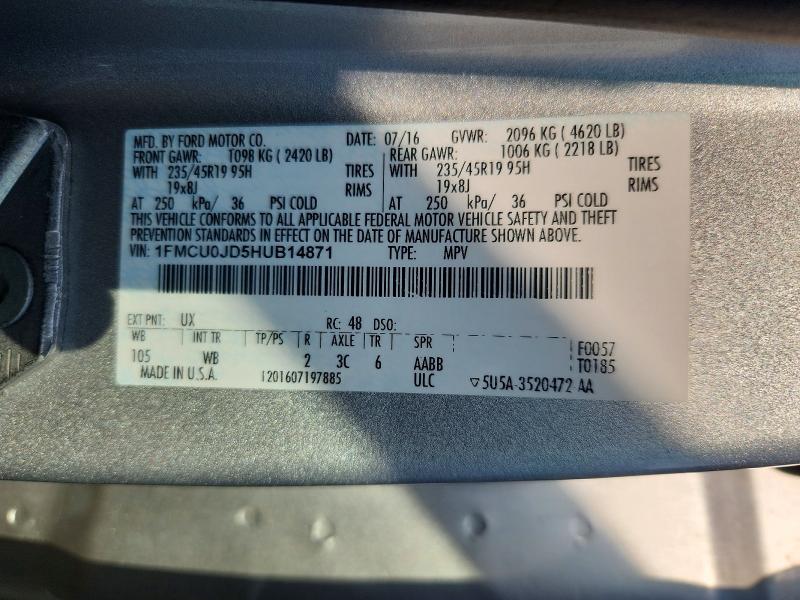 2017 Ford Escape მანქანა იყიდება აუქციონზე, vin: 1FMCU0JD5HUB14871, აუქციონის ნომერი: 64773546