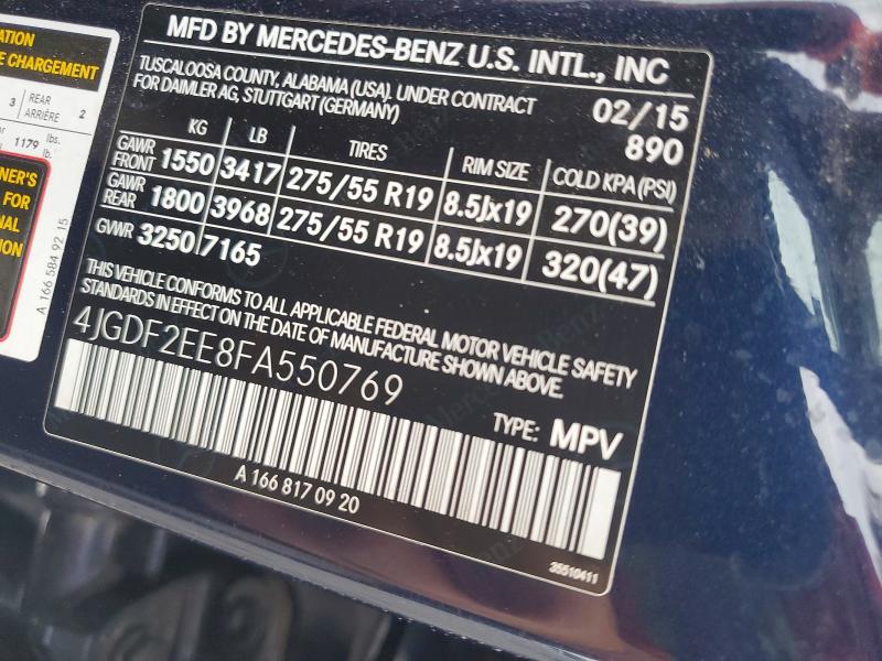 66320326 :رقم المزاد ، 4JGDF2EE8FA550769 vin ، 2015 Mercedes-benz Gl مزاد بيع