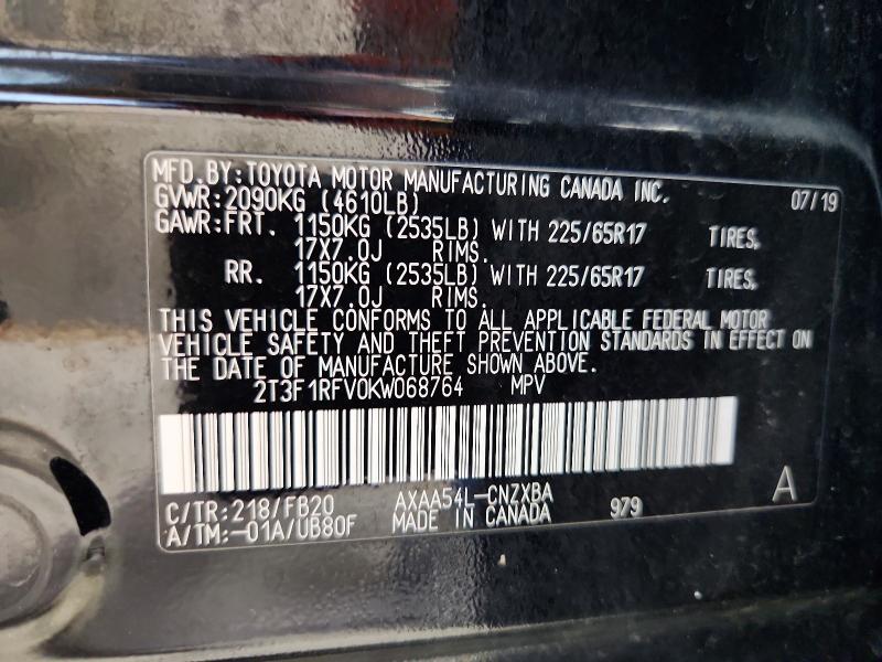 Aukcja sprzedaży 2019 Toyota Rav4, vin: 2T3F1RFV0KW068764, numer aukcji: 65089426