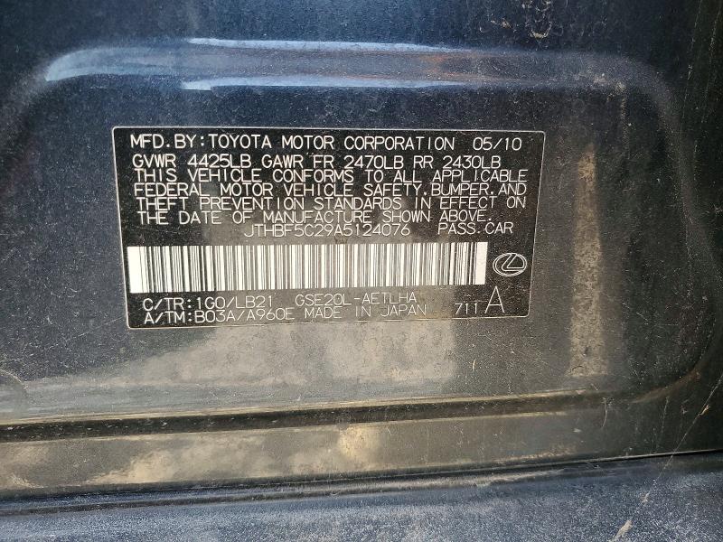 Aukcja sprzedaży 2010 Lexus Is 250, vin: JTHBF5C29A5124076, numer aukcji: 65913316
