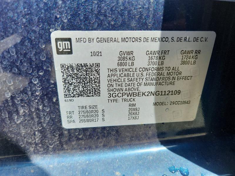 65036866 :رقم المزاد ، 3GCPWBEK2NG112109 vin ، 2022 Chevrolet Silverado Ltd مزاد بيع