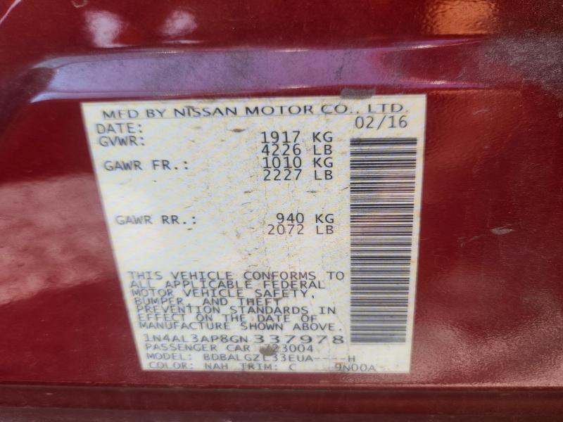Aukcja sprzedaży 2016 Nissan Altima, vin: 1N4AL3AP8GN337978, numer aukcji: 63538756