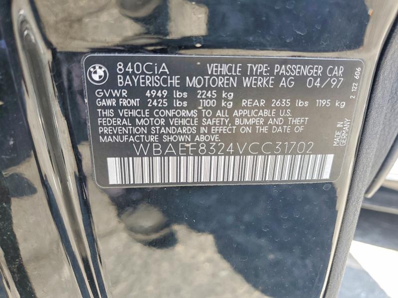 1997 Bmw 840 მანქანა იყიდება აუქციონზე, vin: WBAEF8324VCC31702, აუქციონის ნომერი: 63875766