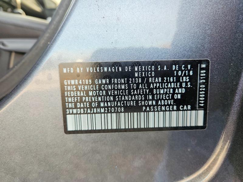 Продажа на аукционе авто 2017 Volkswagen Jetta, vin: 3VWDB7AJ8HM270708, номер лота: 64980176