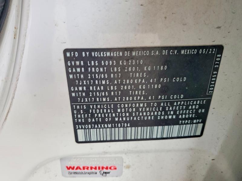 Продаж на аукціоні авто 2022 Volkswagen Tiguan, vin: 3VV0B7AXXNM116794, номер лоту: 64853676