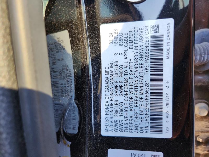 55020646 :رقم المزاد ، 2HGFE2F57RH553281 vin ، 2024 Honda Civic مزاد بيع