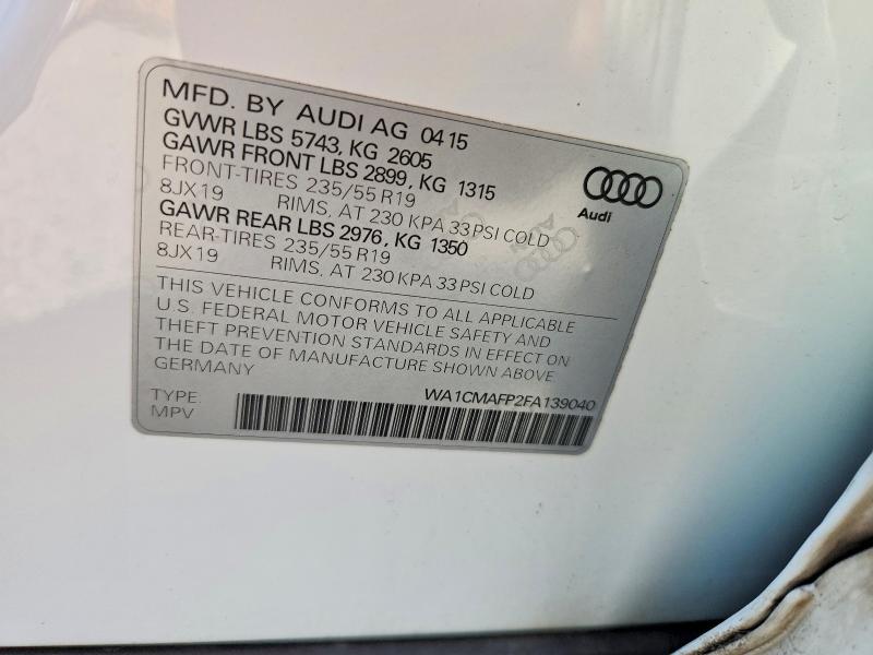2015 Audi Q5 მანქანა იყიდება აუქციონზე, vin: WA1CMAFP2FA139040, აუქციონის ნომერი: 64318566