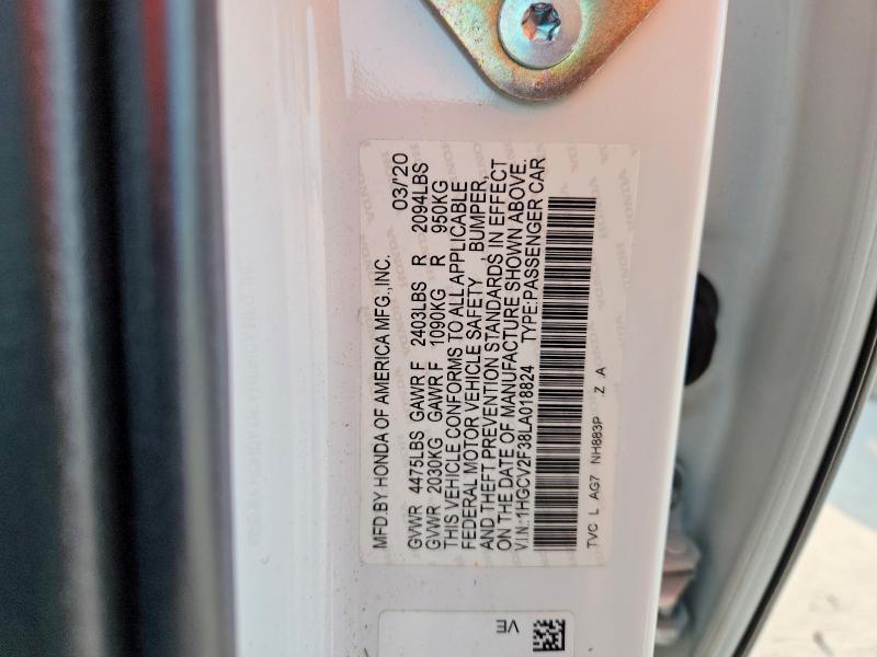 2020 Honda Accord მანქანა იყიდება აუქციონზე, vin: 1HGCV2F38LA018824, აუქციონის ნომერი: 63501936
