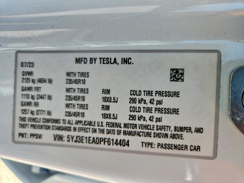 Aukcja sprzedaży 2023 Tesla Model 3, vin: 5YJ3E1EA0PF614404, numer aukcji: 63642016