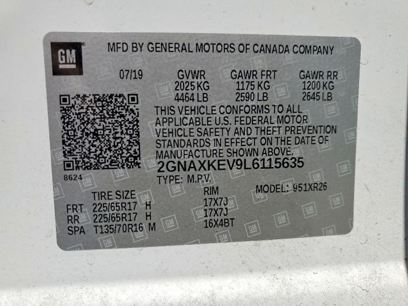 Aukcja sprzedaży 2020 Chevrolet Equinox, vin: 2GNAXKEV9L6115635, numer aukcji: 64847816