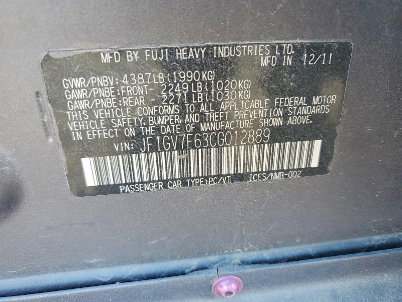 Aukcja sprzedaży 2012 Subaru Impreza, vin: JF1GV7F63CG012889, numer aukcji: 65601666