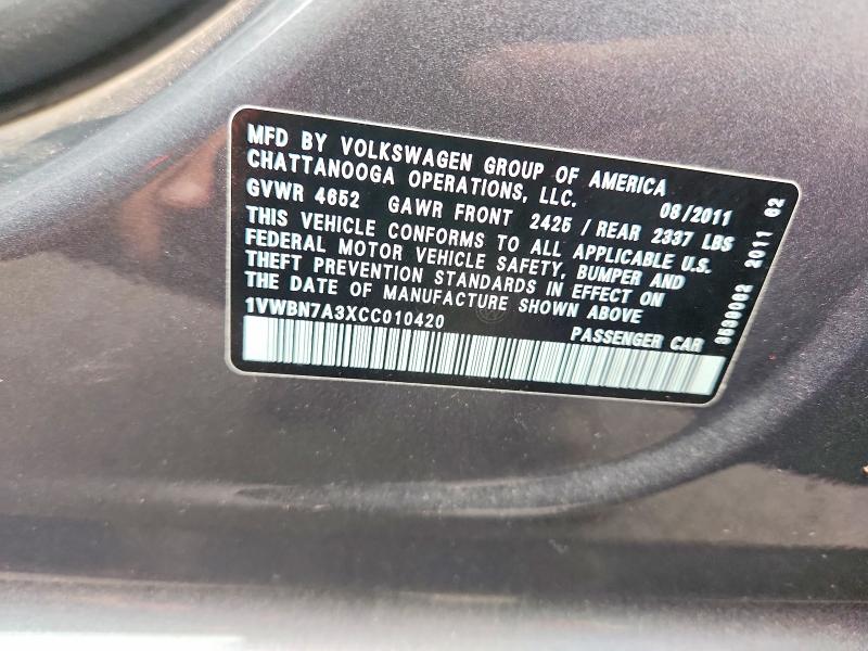 65980266 :رقم المزاد ، 1VWBN7A3XCC010420 vin ، 2012 Volkswagen Passat مزاد بيع
