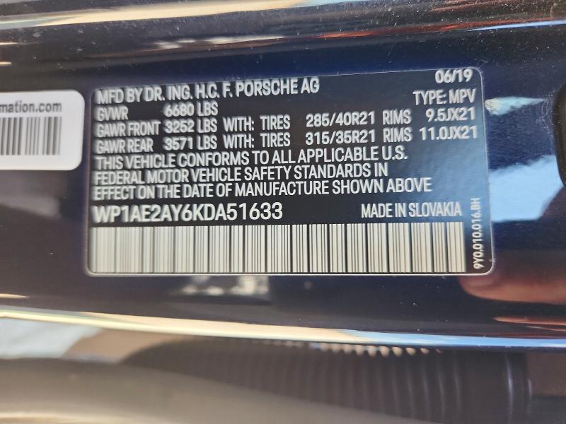 65371826 :رقم المزاد ، WP1AE2AY6KDA51633 vin ، 2019 Porsche Cayenne مزاد بيع