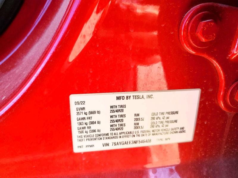 64497396 :رقم المزاد ، 7SAYGAEE3NF546408 vin ، 2022 Tesla Model Y مزاد بيع
