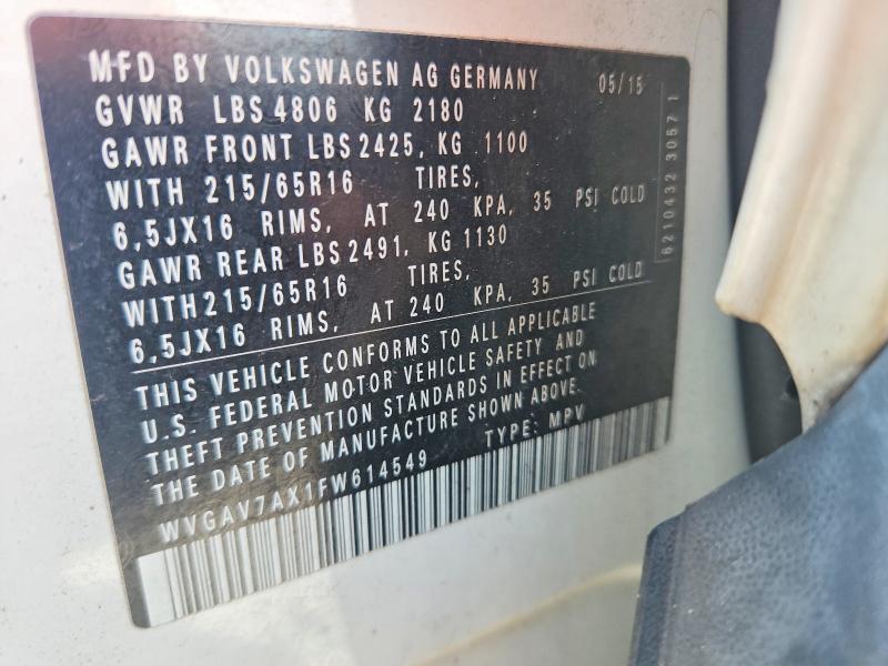 2015 Volkswagen Tiguan მანქანა იყიდება აუქციონზე, vin: WVGAV7AX1FW614549, აუქციონის ნომერი: 65304426