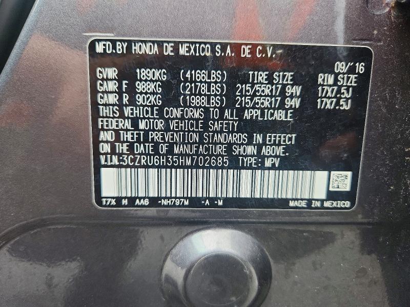63702286 :رقم المزاد ، 3CZRU6H35HM702685 vin ، 2017 Honda Hr-v مزاد بيع