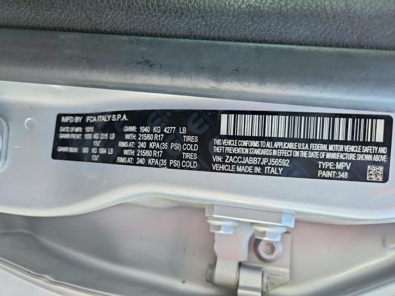 2018 Jeep Renegade მანქანა იყიდება აუქციონზე, vin: ZACCJABB7JPJ56592, აუქციონის ნომერი: 65388726