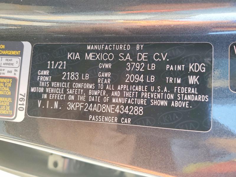 64037616 :رقم المزاد ، 3KPF24AD8NE434288 vin ، 2022 Kia Forte مزاد بيع