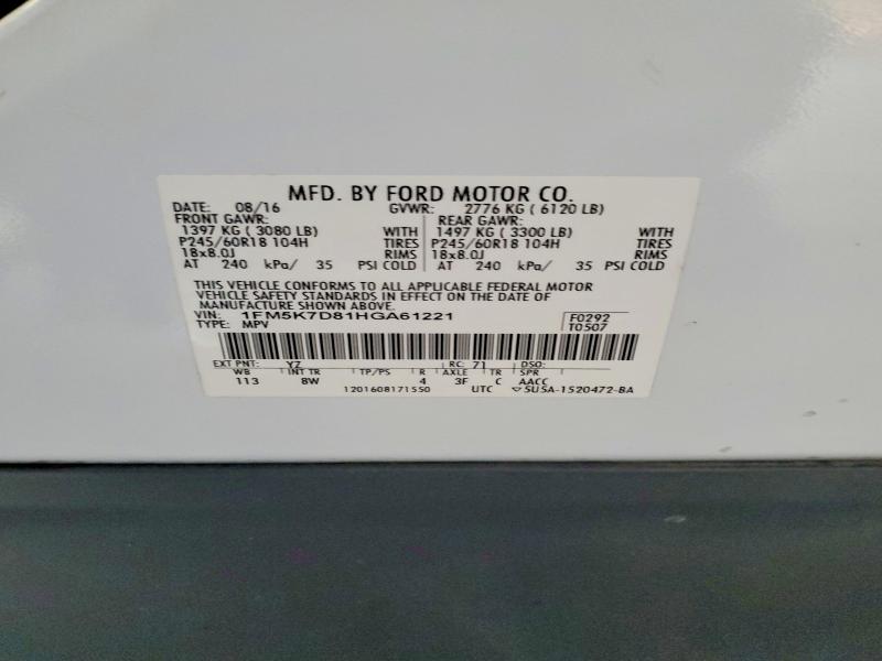 65243246 :رقم المزاد ، 1FM5K7D81HGA61221 vin ، 2017 Ford Explorer مزاد بيع