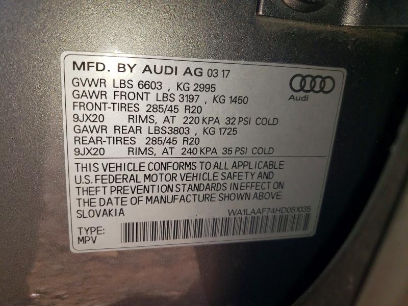 Продаж на аукціоні авто 2017 Audi Q7, vin: WA1LAAF74HD051035, номер лоту: 63867766
