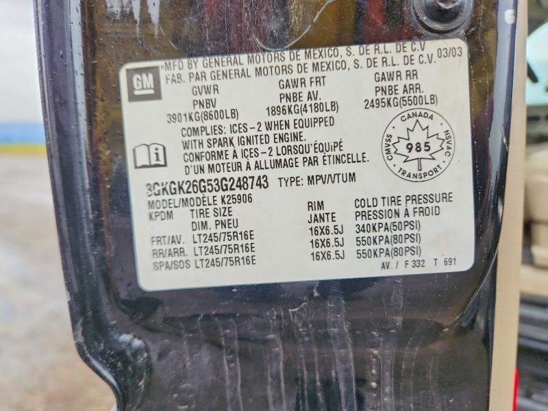 65208576 :رقم المزاد ، 3GKGK26G53G248743 vin ، 2003 Gmc Yukon Xl مزاد بيع