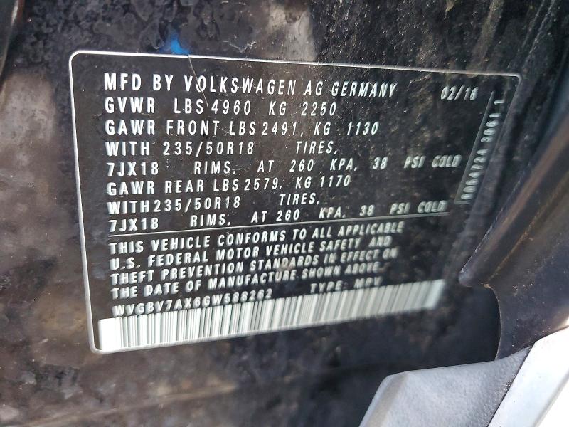 64047726 :رقم المزاد ، WVGBV7AX6GW588262 vin ، 2016 Volkswagen Tiguan مزاد بيع