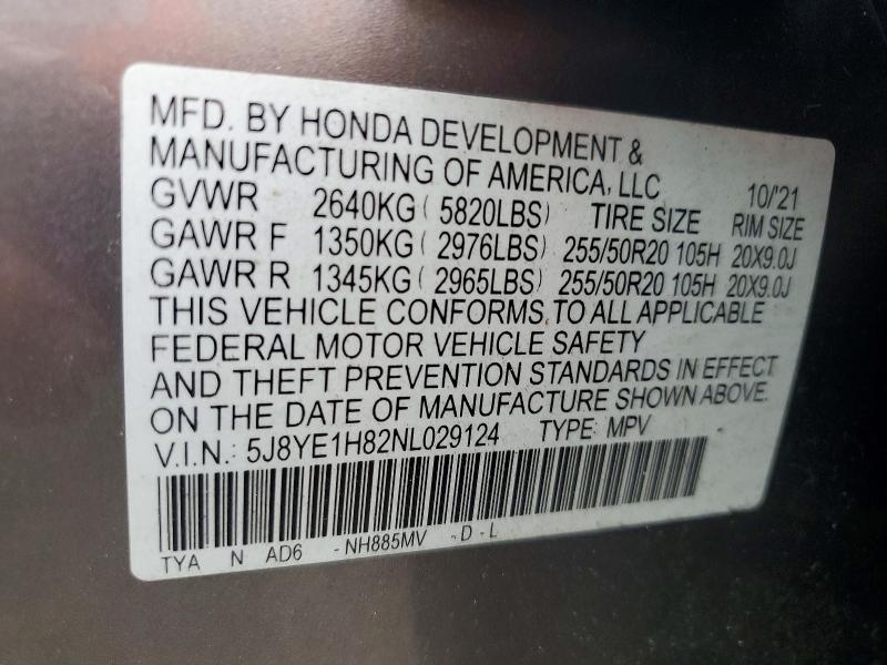 67172556 :رقم المزاد ، 5J8YE1H82NL029124 vin ، 2022 Acura Mdx مزاد بيع