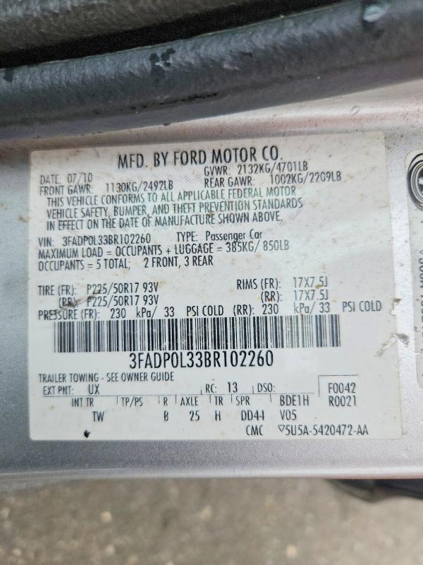 2011 Ford Fusion მანქანა იყიდება აუქციონზე, vin: 3FADP0L33BR102260, აუქციონის ნომერი: 63641636
