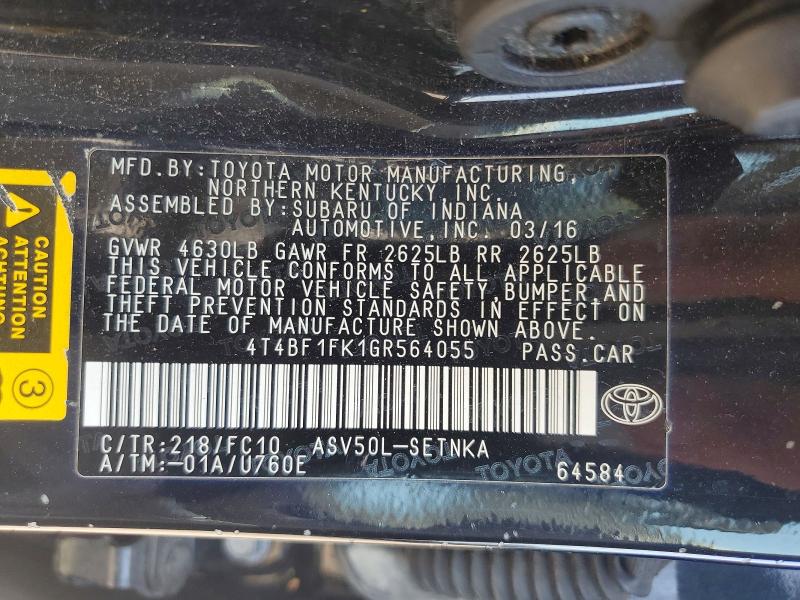 2016 Toyota Camry მანქანა იყიდება აუქციონზე, vin: 4T4BF1FK1GR564055, აუქციონის ნომერი: 64095666
