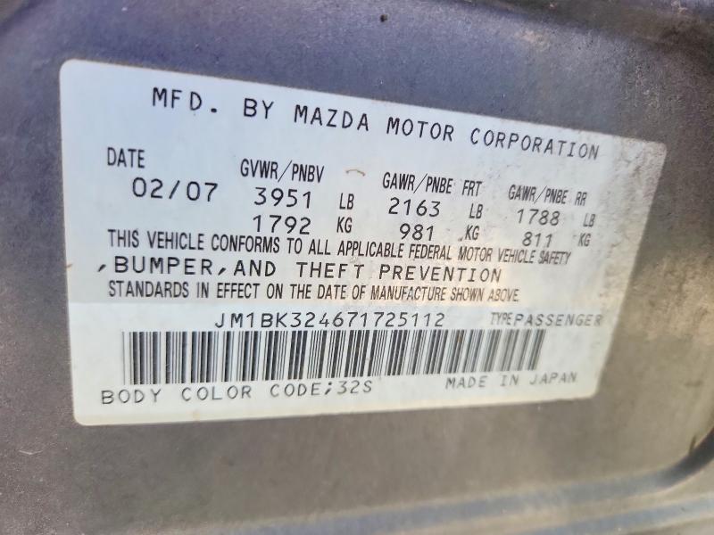 66839646 :رقم المزاد ، JM1BK324671725112 vin ، 2007 Mazda 3 مزاد بيع
