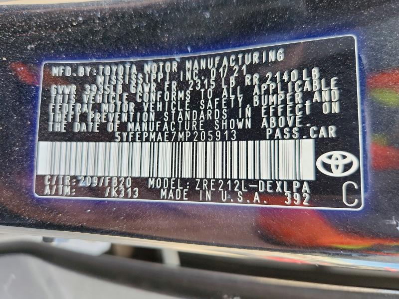 Aukcja sprzedaży 2021 Toyota Corolla, vin: 5YFEPMAE7MP205913, numer aukcji: 66128706