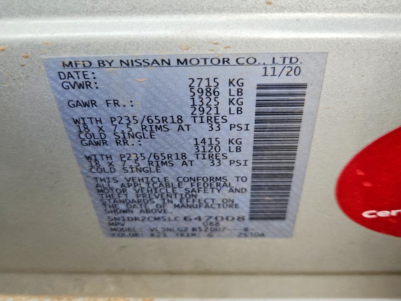63870886 :رقم المزاد ، 5N1DR2CM5LC647008 vin ، 2020 Nissan Pathfinder مزاد بيع