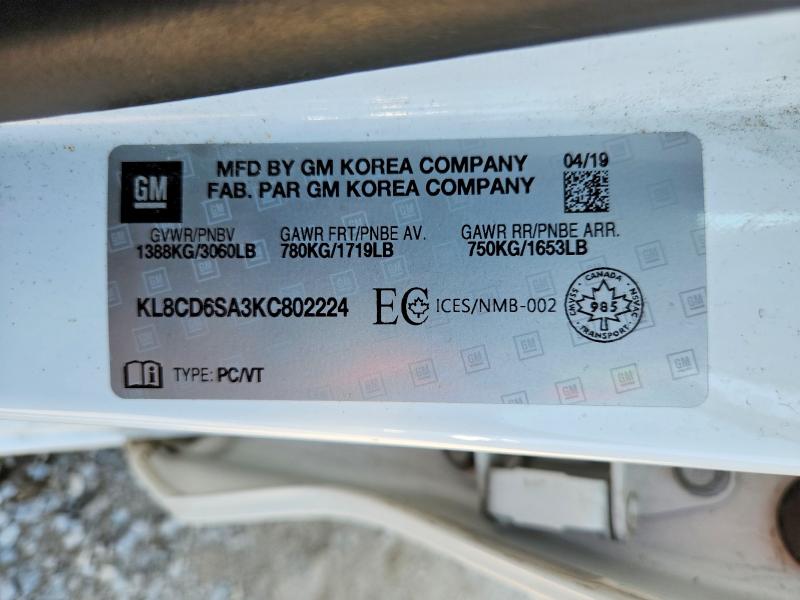 2019 Chevrolet Spark მანქანა იყიდება აუქციონზე, vin: KL8CD6SA3KC802224, აუქციონის ნომერი: 62724016