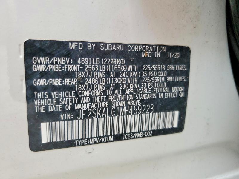 62919416 :رقم المزاد ، JF2SKALC1MH459223 vin ، 2021 Subaru Forester مزاد بيع