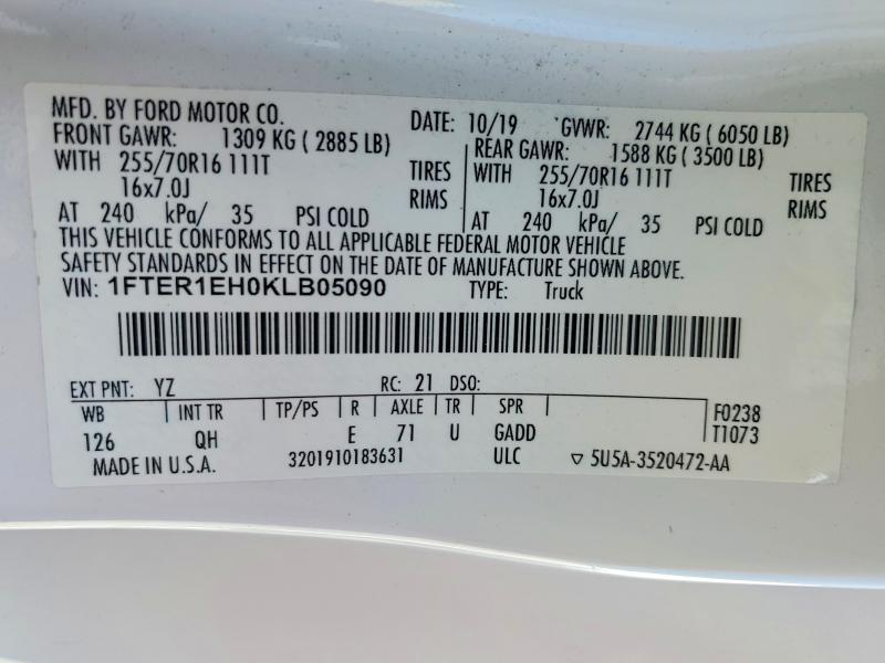 63604476 :رقم المزاد ، 1FTER1EH0KLB05090 vin ، 2019 Ford Ranger مزاد بيع