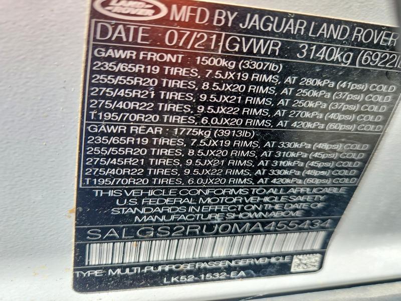 Aukcja sprzedaży 2021 Land Rover Range Rover, vin: SALGS2RU0MA455434, numer aukcji: 64556436
