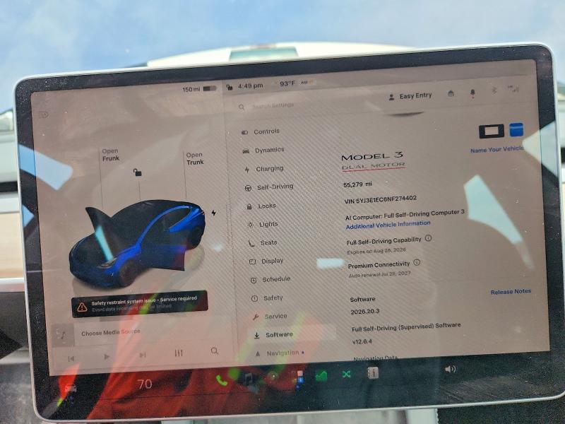 2022 Tesla Model 3 მანქანა იყიდება აუქციონზე, vin: 5YJ3E1EC6NF274402, აუქციონის ნომერი: 63018676