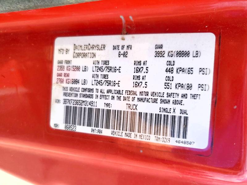 2002 Dodge Ram 2500 მანქანა იყიდება აუქციონზე, vin: 3B7KF23652M314911, აუქციონის ნომერი: 64047296