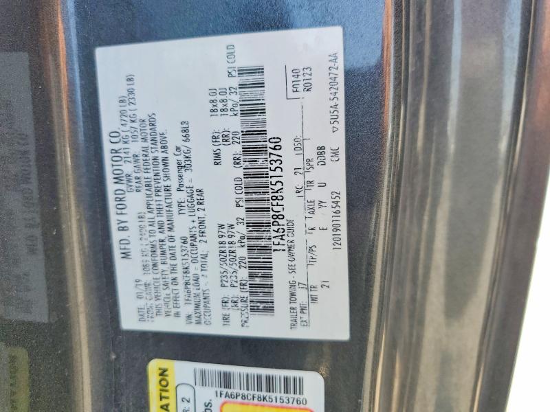 2019 Ford Mustang მანქანა იყიდება აუქციონზე, vin: 1FA6P8CF8K5153760, აუქციონის ნომერი: 63521506