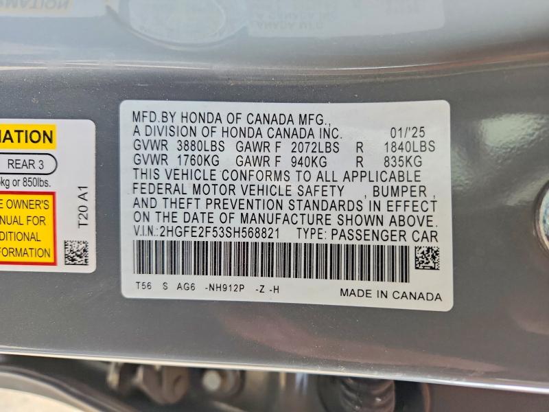 63659966 :رقم المزاد ، 2HGFE2F53SH568821 vin ، 2025 Honda Civic مزاد بيع
