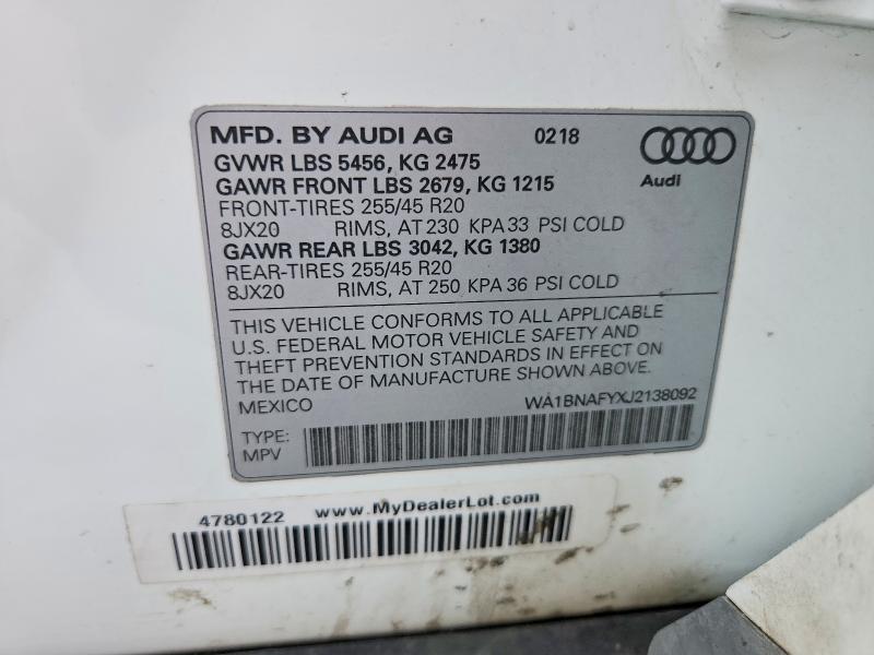 63296616 :رقم المزاد ، WA1BNAFYXJ2138092 vin ، 2018 Audi Q5 مزاد بيع