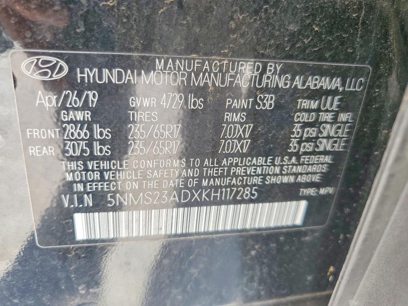 2019 Hyundai Santa Fe მანქანა იყიდება აუქციონზე, vin: 5NMS23ADXKH117285, აუქციონის ნომერი: 65405236