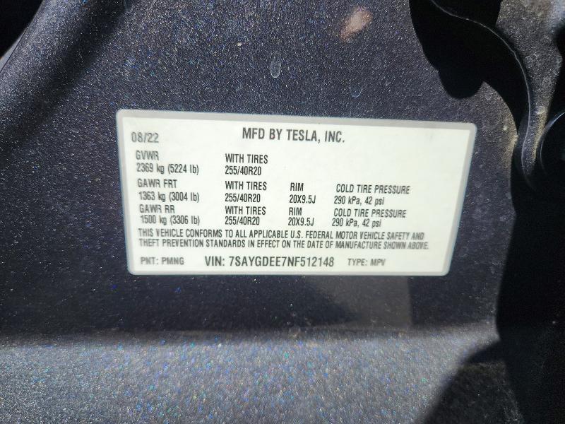 2022 Tesla Model Y მანქანა იყიდება აუქციონზე, vin: 7SAYGDEE7NF512148, აუქციონის ნომერი: 66421776