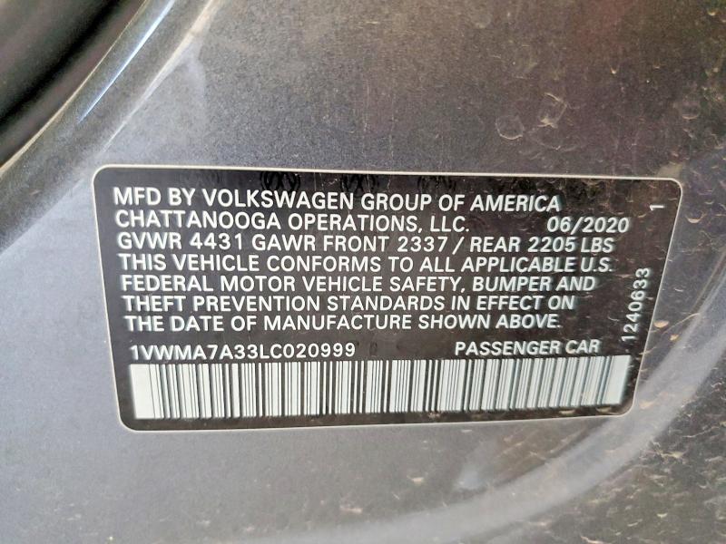 64982576 :رقم المزاد ، 1VWMA7A33LC020999 vin ، 2020 Volkswagen Passat مزاد بيع